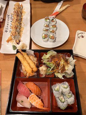 Sushi Bento Box, Crunchy Shrimp Roll, and Philadelphia Roll