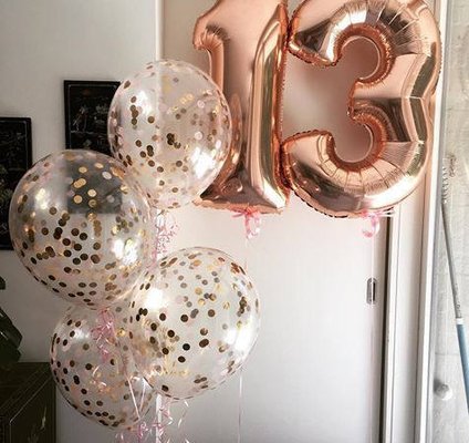 Rose Gold Number Balloons with Confetti Balloons