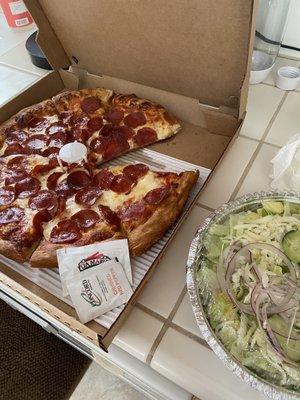 LG Pepperoni pizza (minus 1 slice) and family salad (minus 1 plateful)...it was too good and I couldn't wait