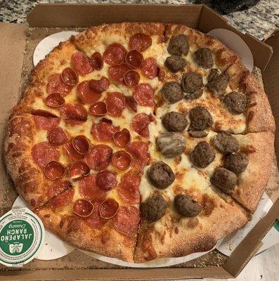 White Sauce     HALF Pepperoni        + Old World Pepperoni     HALF Meatballs