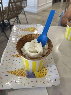 Vanilla bean ice cream in a waffle bowl.