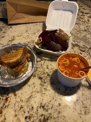 Pasta fagioli soup, beet salad, and sandwich