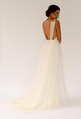 Colette - rose gold wedding dress with open back and tulle over skirt.