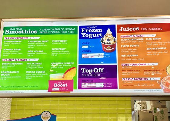 Menu of smoothies, yogurts, and juices