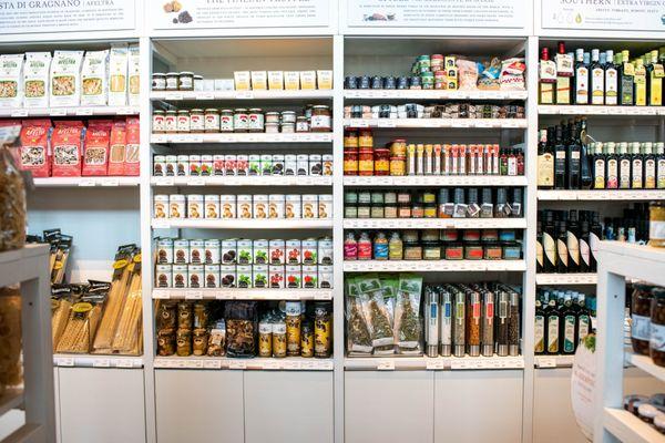 Authentic dried Afeltra pasta, Urbani truffles, assorted spices and seasonings, and other retail items at Eataly Las Vegas at Park MGM