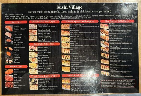 AYCE dinner sushi menu