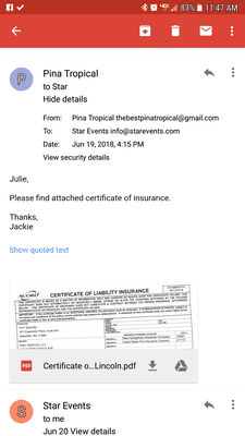 Event insurance sent on June 19, 2019 mine you I never received an email saying we were denied.