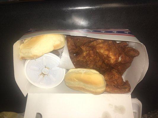 5 pc fried chicken with store bought rolls that they call 'biscuits' on their menu.