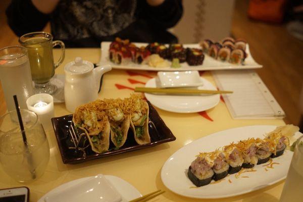 Shrimp tacos - fish and chips and a bunch of sushi my friend ordered