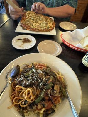 8" cheese pizza with Jalapeños and green chiles and pasta giardino with spaghetti sauce with green salad.