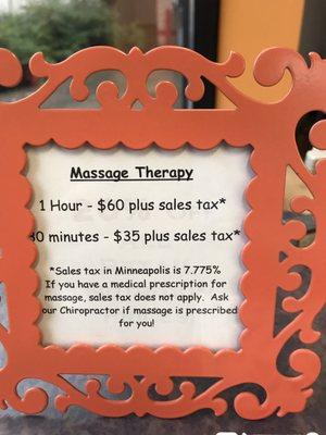 They also have a massage therapist. Good rates!