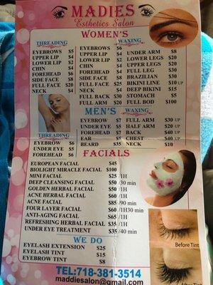 Menu for sensitive wax it's an extra $5