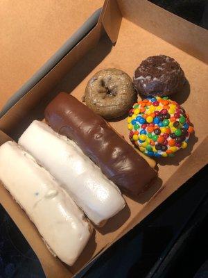 Long johns, mm donut, blueberry and chocolate