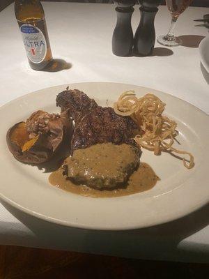 12 0z Angus Ribeye, Sweet Potato, onion swirls,