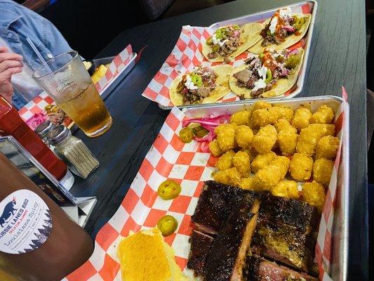 Spare rib platter and brisket tacos