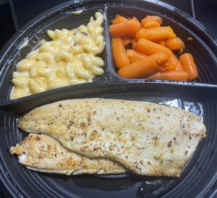 Takeaway Lemon Pepper Grilled Rainbow Trout with carrots and Mac n Cheese.