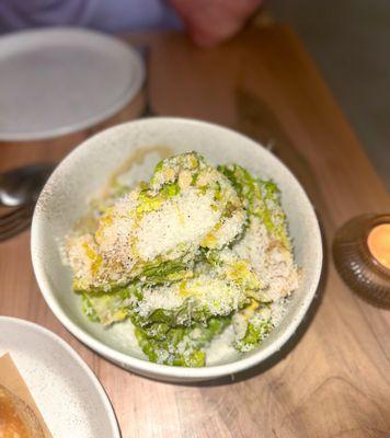 Little Gem Hearts: ramp caesar, crispy sourdough, pecorino tartufo