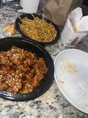 Sesame Chicken, Plain Fried Rice, Plain Lo Mein