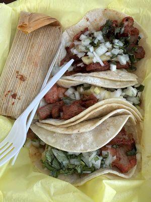 3 pastor tacos and 1 pork red sauce tamale