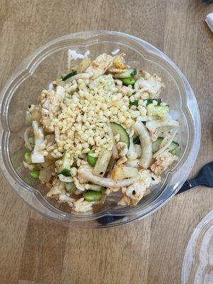 Bowl with white rice, chicken, edamame, onion, and pineapple