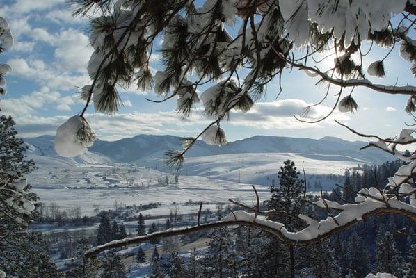 Winter time view from the Lewis & Clark Lodge which has two guest rooms.