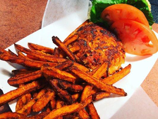 Salmon burger and sweet potato fries