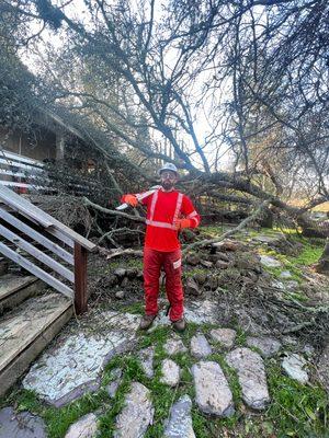 An ADS team member getting ready to clean up a hazard tree from last storm, Rancho Marietta, California