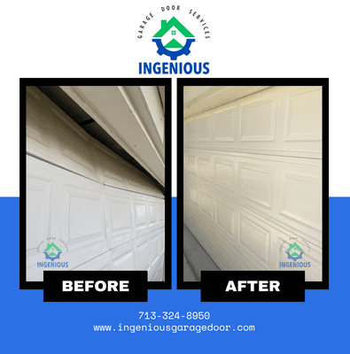 Before and After: Transforming Problems into Solutions!  Our team turned this once-damaged garage door into a functioning entry.