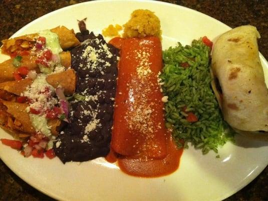 Especial de la Casa: Grilled chicken and roasted corn enchilada, mesquite grilled skirt steak taco, and two chicken taquitos.