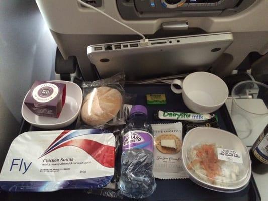 The chicken korma hot lunch meal served on a BA flight.