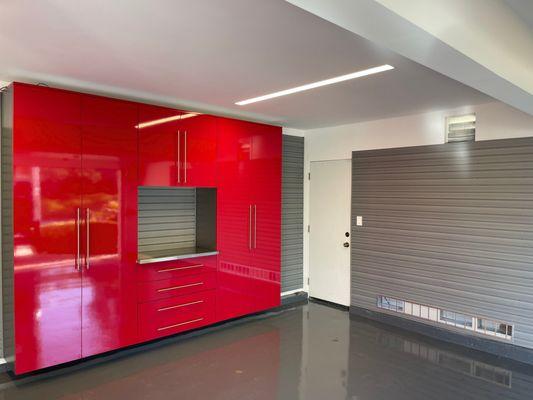 Red cabinets and custom flooring in Irvine.