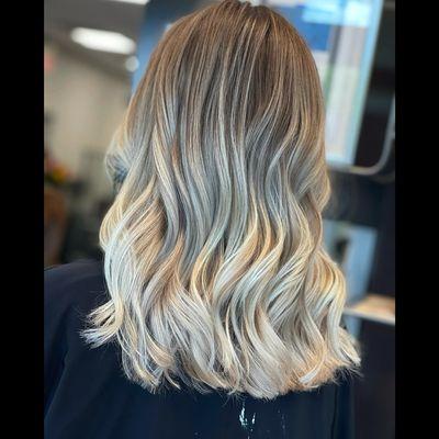 Full balayage with tip out, glaze, haircut with style