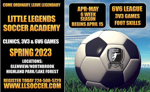 Outdoor Spring Soccer (Ages 3-8 yrs)
Clinics, 6v6 League, 3v3 Games, Foot Skills