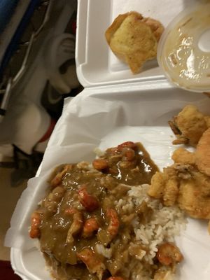 Crawfish etouffee with fried shrimp