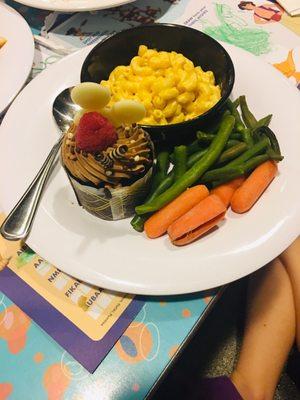 Mac N Cheese Vegetables and a Chocolate Cupcake, along with Mickey Ears