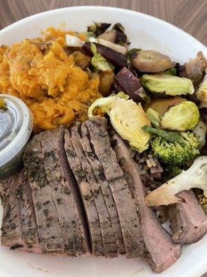 Grass fed Steak Plate with side of fire roasted veggies and Rosemary Sweet Potato Mash