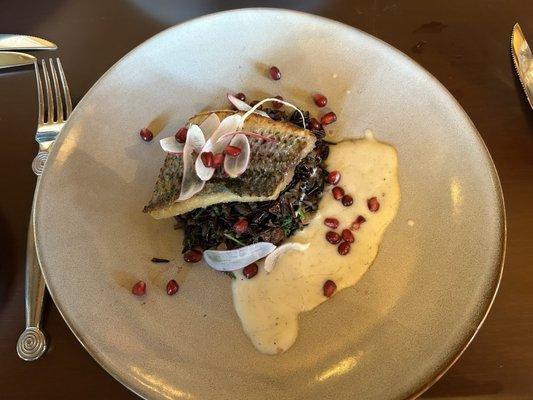 Striped Sea Bass. With Pomegranate , Fig Wild Rice Medley