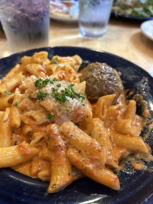 Rigatoni with La Rosa sauce and a meatball.