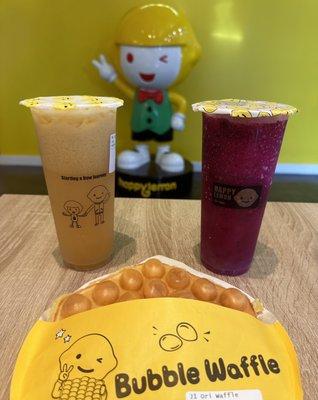 Original bubble waffle, lemon green tea, and lemon dragonfruit slushy.