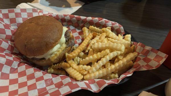 Mushroom & Swiss burger w/ crinkle cut fries