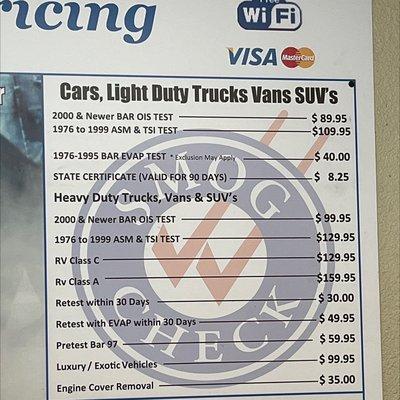 Smog check pricing as of 8/20/22