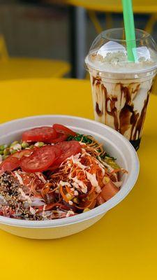 Poké bowl and Brown Sugar Boba Milk Tea