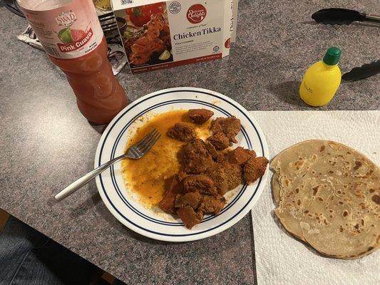 The chicken tikka has a very generous portion and good spice level! Paratha and pink guava drink.