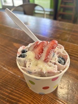 Berry Sunshine Ice Cream with condensed milk, coconut, extra berries