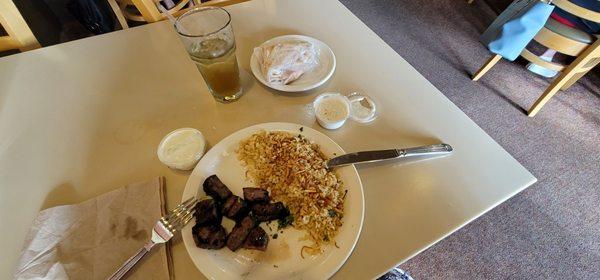 Delicious Beef Kabob with spiced rice.  Absolutely delicious!