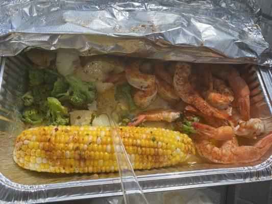 20 Jumbo Shrimp with potato, corn, and broccoli