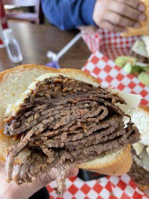 Crosscut of French dip sandwich