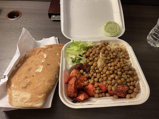 #8 combo with rice, chickpeas, and salad. The chicken was great; the lamb kabob blew my mind, but it's spicy.