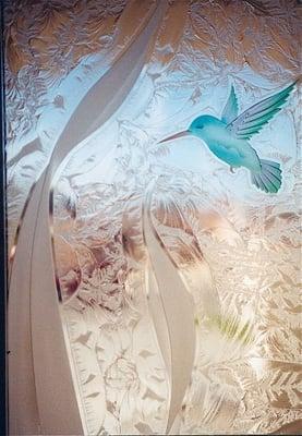 Hummingbird Curiosity etched & painted window glass, by Sans Soucie