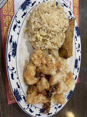 Fried rice, crispy walnut shrimp, and egg roll. Lunch special